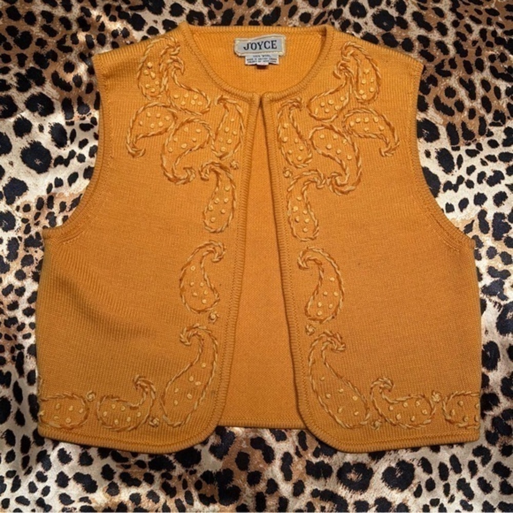 Vintage 1960s Joyce Yellow Paisley Embroidered Wool Sweater Vest